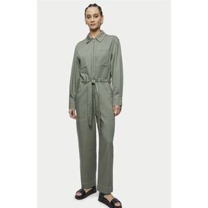 Jigsaw UK Cotton Lyocell Blend Olive Green Tie Waist Patch Pocket Zip Jumpsuit M